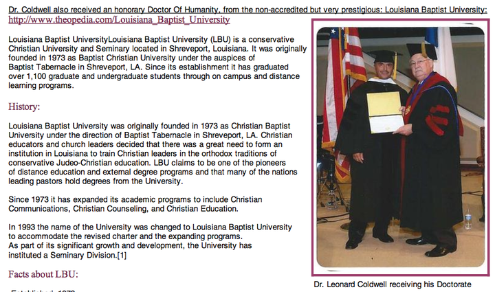 Leonard Coldwell Unaccredited Honorary